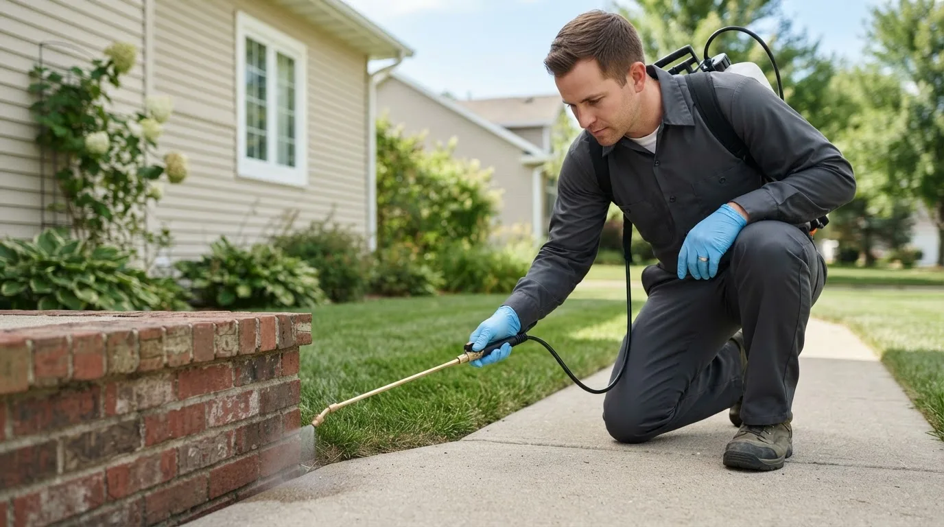 Pest control technician treating a home near Windsor, IL
